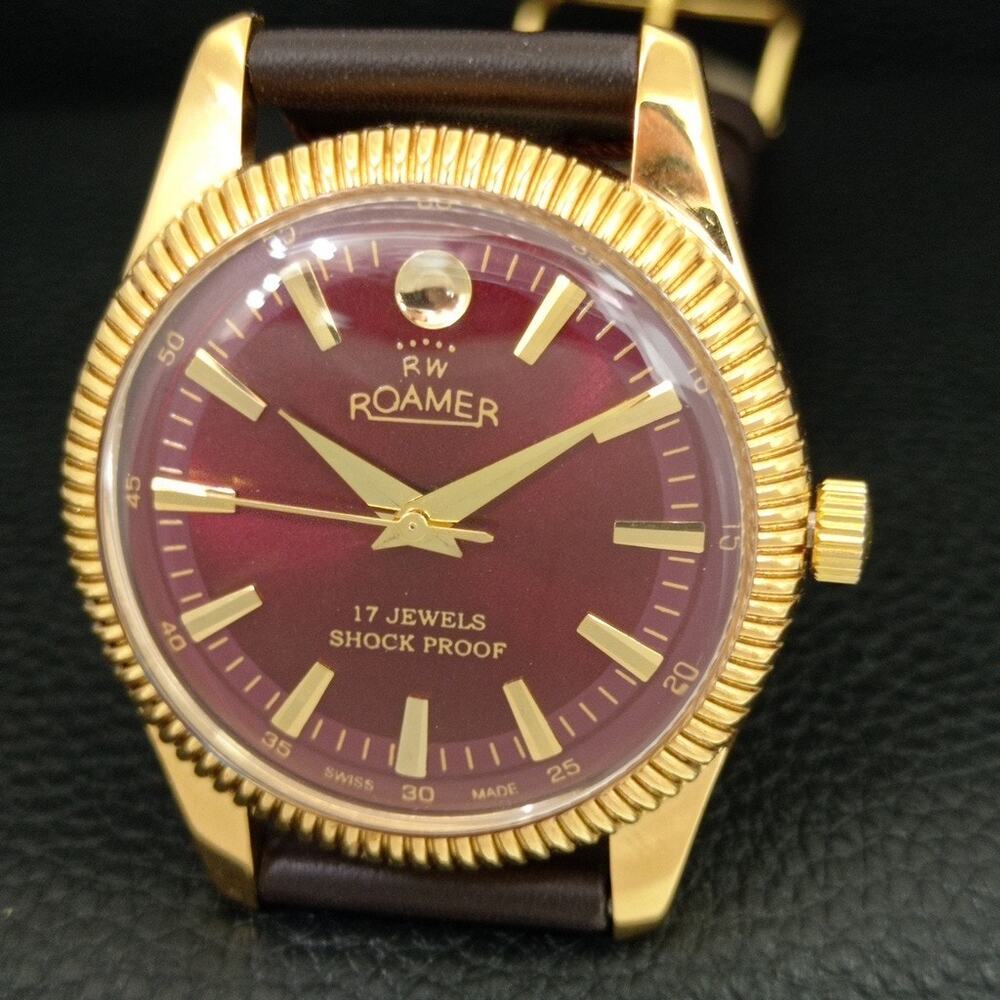 Vintage 1973 Roamer Manual Mens Gold Watch W/Leather Strap & Red accents - Picture 3 of 9
